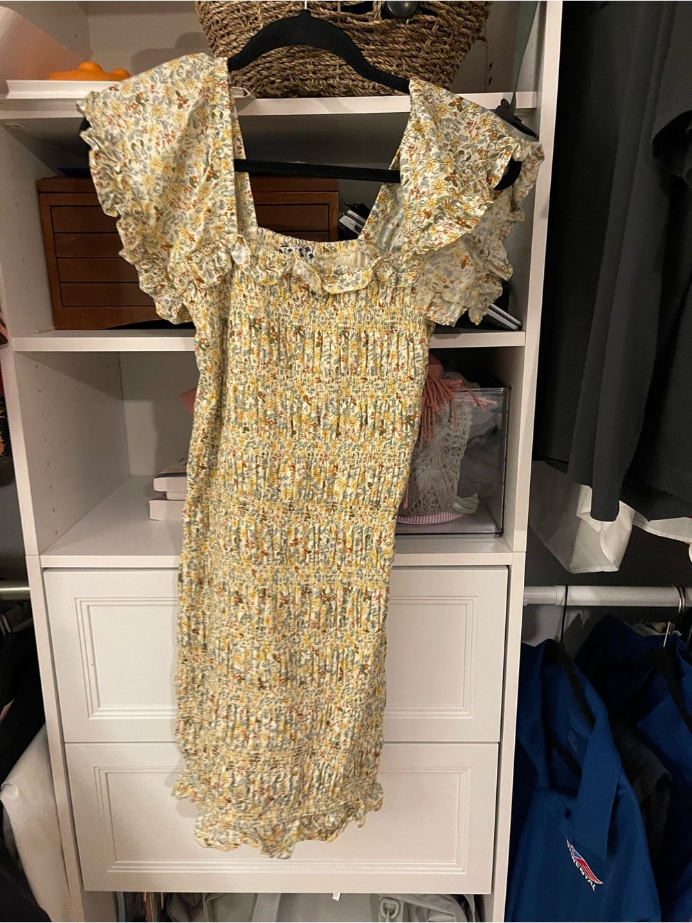 Smocked Yellow Floral Ruffle Midi Dress